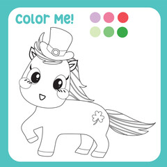 Colour me with these colours. Adorable unicorn colouring page for kids. Colouring page activity kawaii unicorn with St. Patrick’s Day theme. Cute unicorn vector illustration.