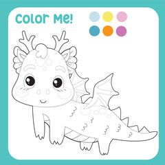 Colour me with these colours. Adorable baby dragon colouring page for kids. Colouring page activity baby dragon stands and smiling. Cute dragon vector illustration. 