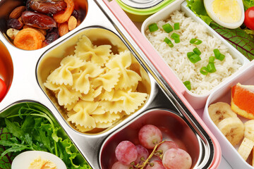Many containers with delicious healthy food for background