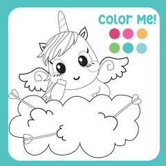 Colour me with these colours. Adorable unicorn colouring page for kids. Colouring page activity cute cupid unicorn sitting on the cloud. Cute unicorn vector illustration. 