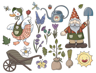 Elements set: garden gnome, goose, duck, watering can, garden flowers, cart sun, ladybug, dragonfly, butterfly, sapling. Cute flat, contour illustration.