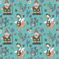 Seamless pattern: garden gnome, goose, duck, watering can, garden flowers, sun cart, ladybug, dragonfly, butterfly, seedling. Cute flat, contour illustration.