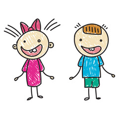 Pencil sketch. Flat boy and girl. Lovely children. Quick drawing. Bright children. Children's drawing.