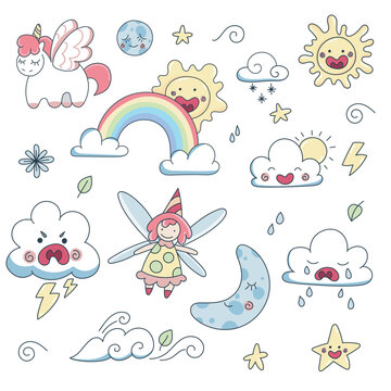 Set of stickers weather, clouds, sun, smiles, rainbow, unicorn, cute clouds Vanilla fairy and stars. Flat set in delicate colors. Emotion stickers. © Mariia
