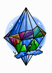 Mountain and Diamond Handdrawn illustration, green mountain view with abstract diamond Illustration