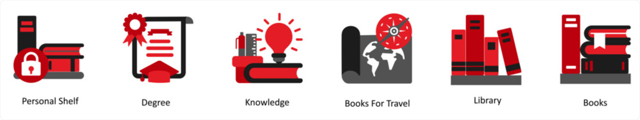 A set of 6 education icons as personal shelf, degree, knowledge
