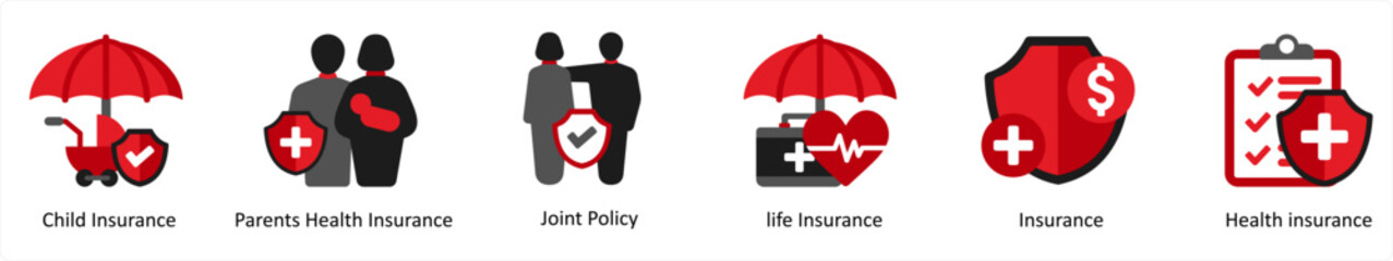 Fototapeta premium A set of 6 medical icons as child insurance, parents health insurance, joint policy