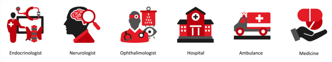 A set of 6 medical icons as endocrinologist, neurologist, opthalimologist