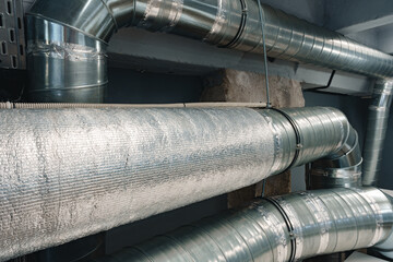 Silver ventilation pipes hanging from the ceiling inside the building
