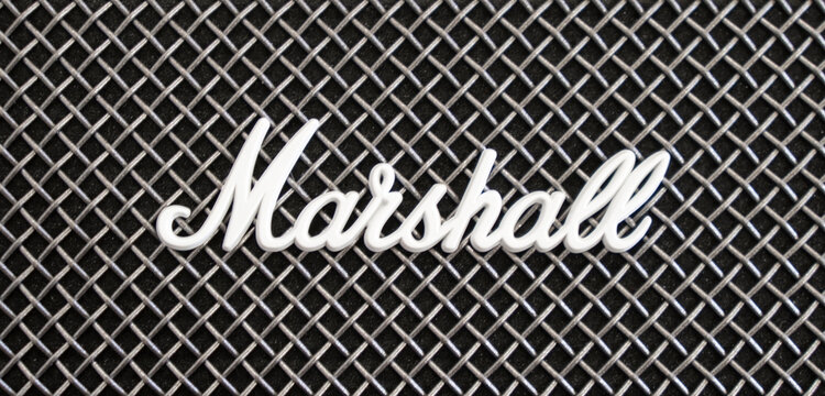 Yerevan, Armenia, January 15, 2023: Marshall acoustic bluetooth music speaker. Marshall logo on metal grill.