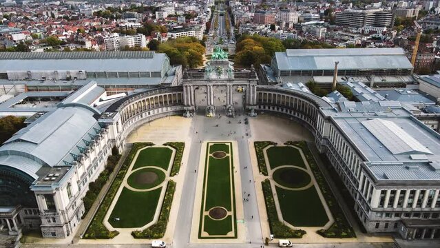 Aerial hyperlapse of Parc du Cinquantenaire in Brussels, Belgium.