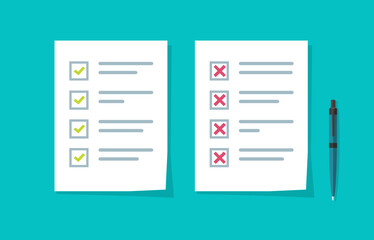 Dos and dont advice notice paper icon vector, pros and cons checklist concept, test exam results report good bad filed pass cross and check mars list, negative and positive comparison flat image