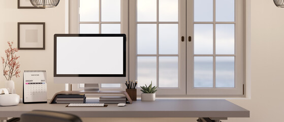 Modern minimal white home working room interior design with PC desktop computer mockup