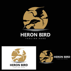Bird Heron Stork Logo Design, Birds Heron Flying On The River Vector, Product Brand Illustration