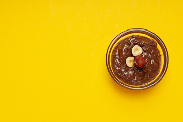 Concept of sweet food, chocolate cream, space for text