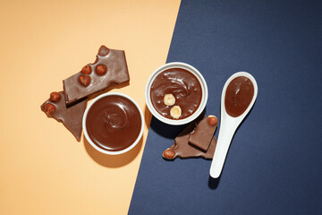 Concept of sweet food, chocolate cream, top view