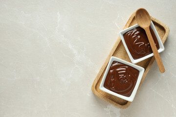 Concept of sweet food, chocolate cream, space for text