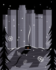 A small house in a big city. Vector illustration.