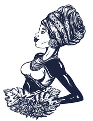 African woman in traditional turban. Portrait. Ethnic afro girl. Black tribe. Africa people art. Old school tattoo vector art. Hand drawn graphic. Isolated on white. Traditional flash tattooing style