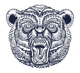 Angry bear head. Aggressive grizzly. Old school tattoo vector art. Hand drawn graphic. Isolated on white. Traditional flash tattooing style