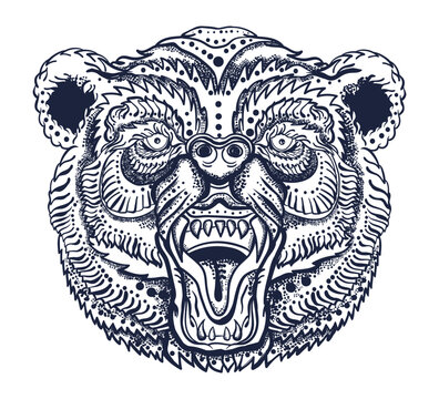 Angry bear head. Aggressive grizzly. Old school tattoo vector art. Hand drawn graphic. Isolated on white. Traditional flash tattooing style