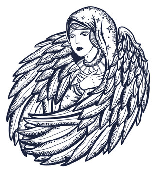 Beautiful angel woman. Virgin Mary and wings. Goddess lady. Symbol of christianity, paradise, prayer. Old school tattoo vector art. Hand drawn graphic. Isolated on white. Traditional flash tattooing