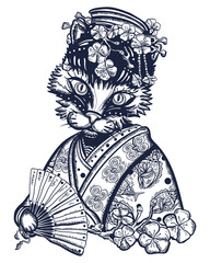 Asian kitty geisha princess. Funny oriental cat. Old school tattoo vector art. Hand drawn graphic. Isolated on white. Traditional flash tattooing style