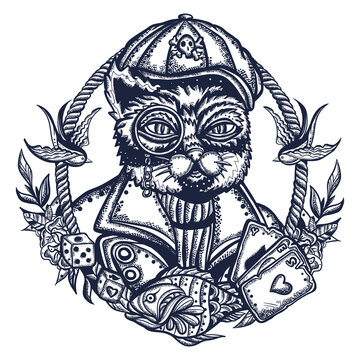 Funny sailor cat. Kitten pirate. Sea adventure animals. Old school tattoo vector art. Hand drawn graphic. Isolated on white. Traditional flash tattooing style
