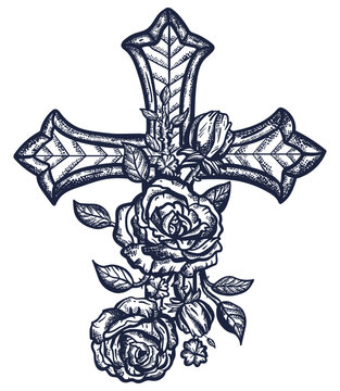 Cross and roses. Old school tattoo vector art. Esoteric gothic medieval symbol of christianity, life and death, paradise and hell. Hand drawn graphic. Isolated on white. Traditional flash tattooing