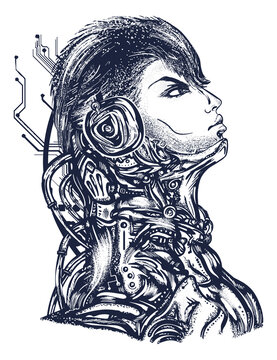 Robot man in headphones listening to music, t-shirt design. Cyberpunk art. Portrait of biomechanical soldier, people of future. Old school tattoo vector art. Hand drawn graphic. Isolated on white