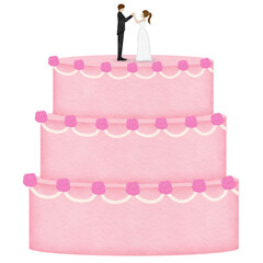 3 tier wedding cake with topper watercolor illustration