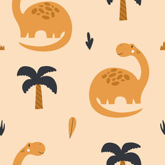 Vector hand drawn colorful seamless repeat baby pattern with cute dinosaurs and scandinavian style textures for nursery and textile decoration.