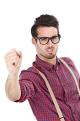 Angry nerd and man with fist portrait for conflict, bullying or warning gesture for frustration....