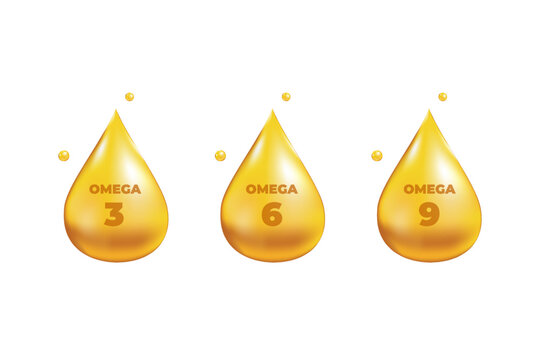 Omega 3, 6, 9 acids drops gold icon. Polyunsaturated fatty. Nutrition skin care design and Beauty treatment. Vector illustration.