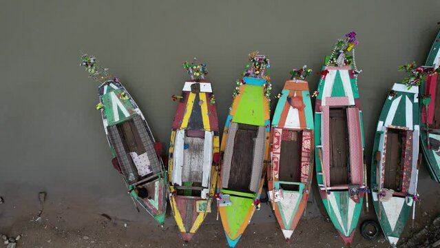 Aerial View of Wooden Boats on Saif ul Malook Lake"
Description: "Take in the natural beauty of Saif ul Malook Lake in Pakistan with this aerial view of traditional wooden boats on the lake. The panor
