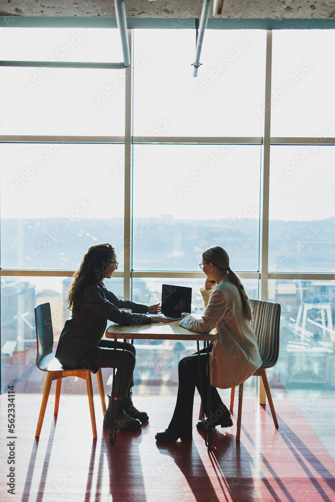 Wall mural two female co-workers and colleagues discussing working together on business project using laptop, f