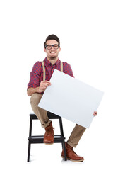 Man, studio portrait and paper board for marketing, branding mockup and vote by white background....
