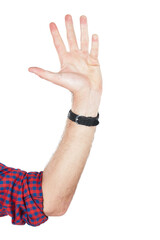 Hand, high five and man with hello, welcome and five number gesture with white background. Wave, stop or countdown sign language with a person isolated with palm in the air for waving greeting