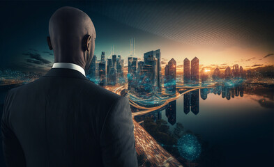 Fototapeta na wymiar Businessman on technological cityscape background. Back view. Generative AI
