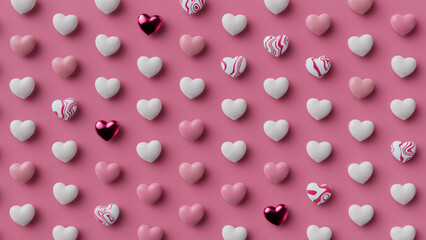 Multicolored Heart background. Valentine Wallpaper with Pink, White and Metallic love hearts. 3D Render 