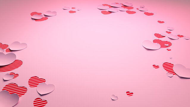 Pink and Red striped Valentine Wallpaper with cut-out love hearts. Paper Heart background with copy space. 