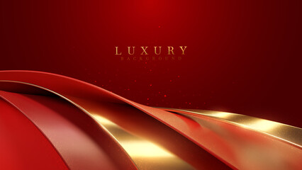 Red luxury background with realistic 3D golden curve elements and glitter light effect decoration.