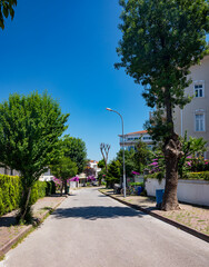 View to the street with old houses and gardens with flowers on Adalar Island on a sunny summer day