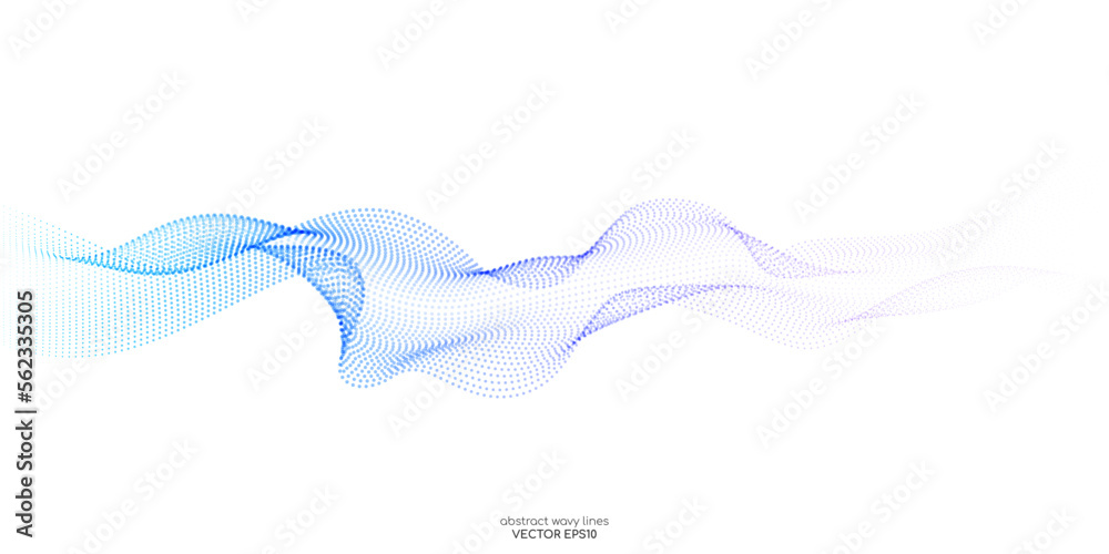 Poster flowing dot particles wave pattern colorful gradient blue purple pink isolated on white background. 