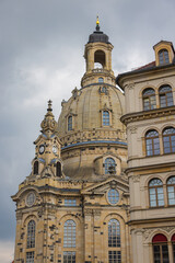 Fototapeta na wymiar Dresden, Germany - June 28, 2022: The Church of Our Lady or Frauenkirche, Lutheran church in Dresden. Often called a cathedral, but it is not the seat of a bishop. One of the largest domes in europe.