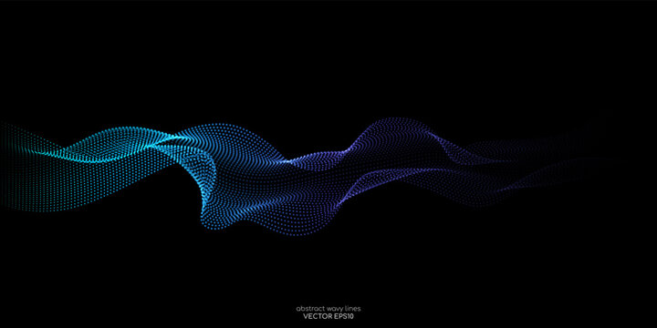 Flowing dot particles wave pattern, blue and green color isolated on black background. Vector in concept of AI technology, science, music.