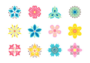 Flowers icon set on white background. Colorful blooming flowers in flat style. Decorative design element for printing or interior.