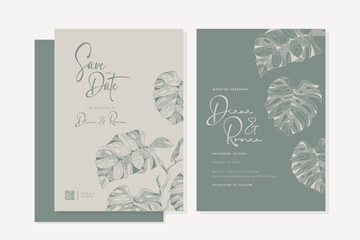 beautiful aesthetic wedding invitation with monstera leaves template design