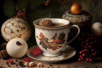 Obraz na płótnie Canvas A cup of hot drink coffee or hot cocoa in christmas theme decoration background. Celebration holiday concept. Generative ai.
