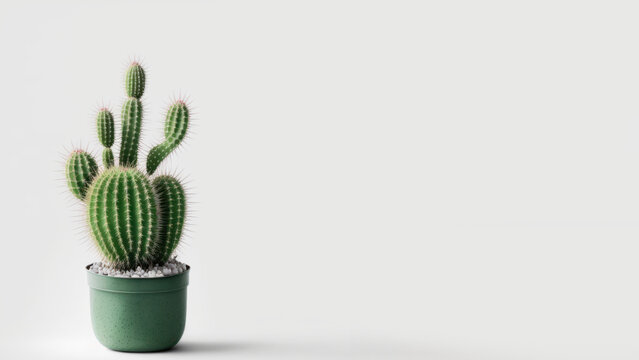 Minimal cactus on white background with copy space. Graphic design illustration generative ai.